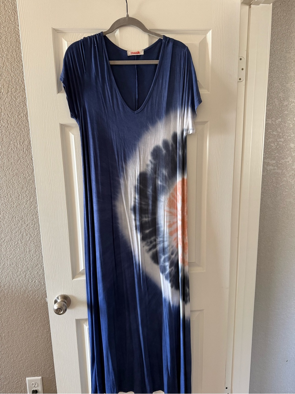 Mazik Navy Tie-Dye V-Neck Maxi Dress with Black, White & Orange Accent